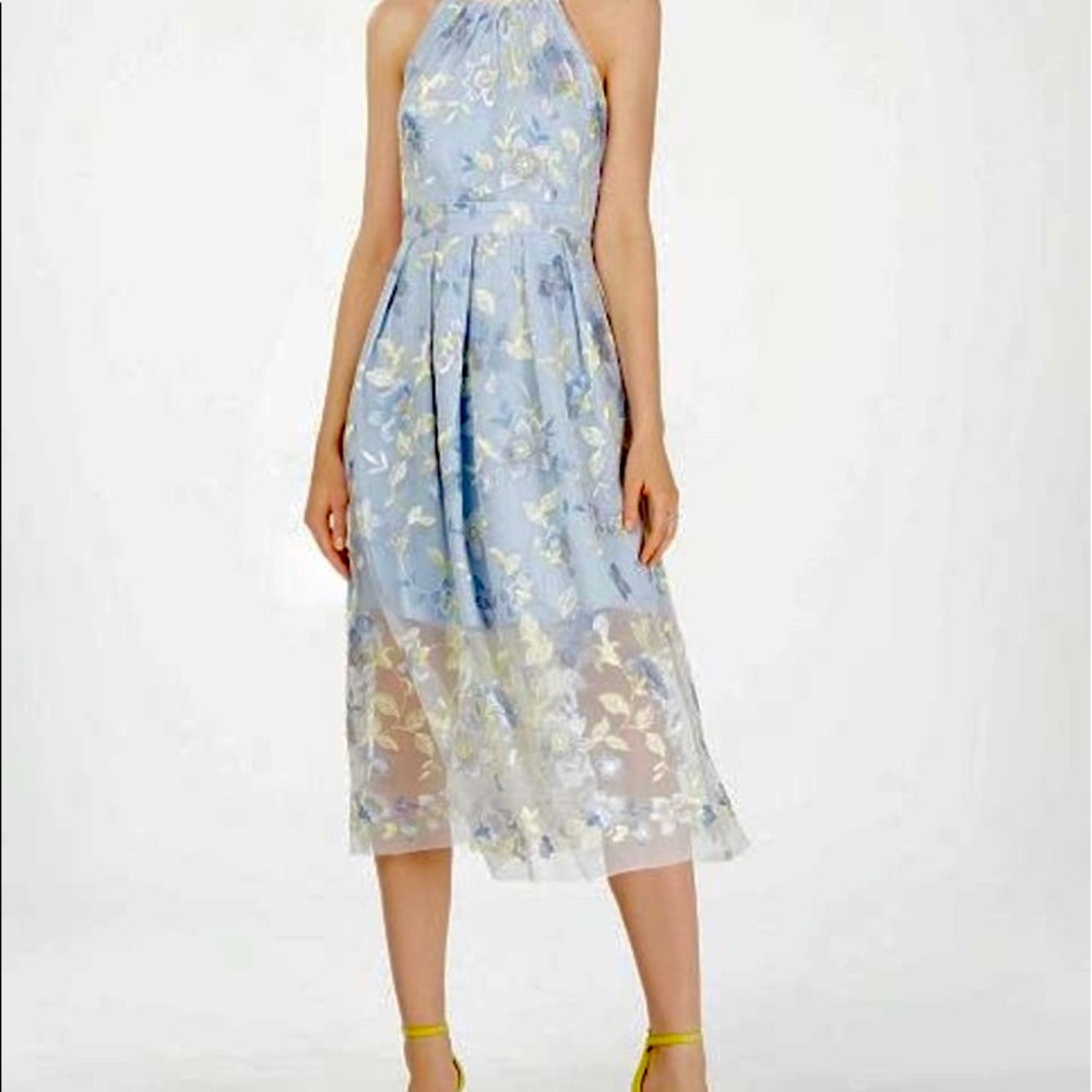 Vince Camuto Floral Embroidered Mesh Midi Dress